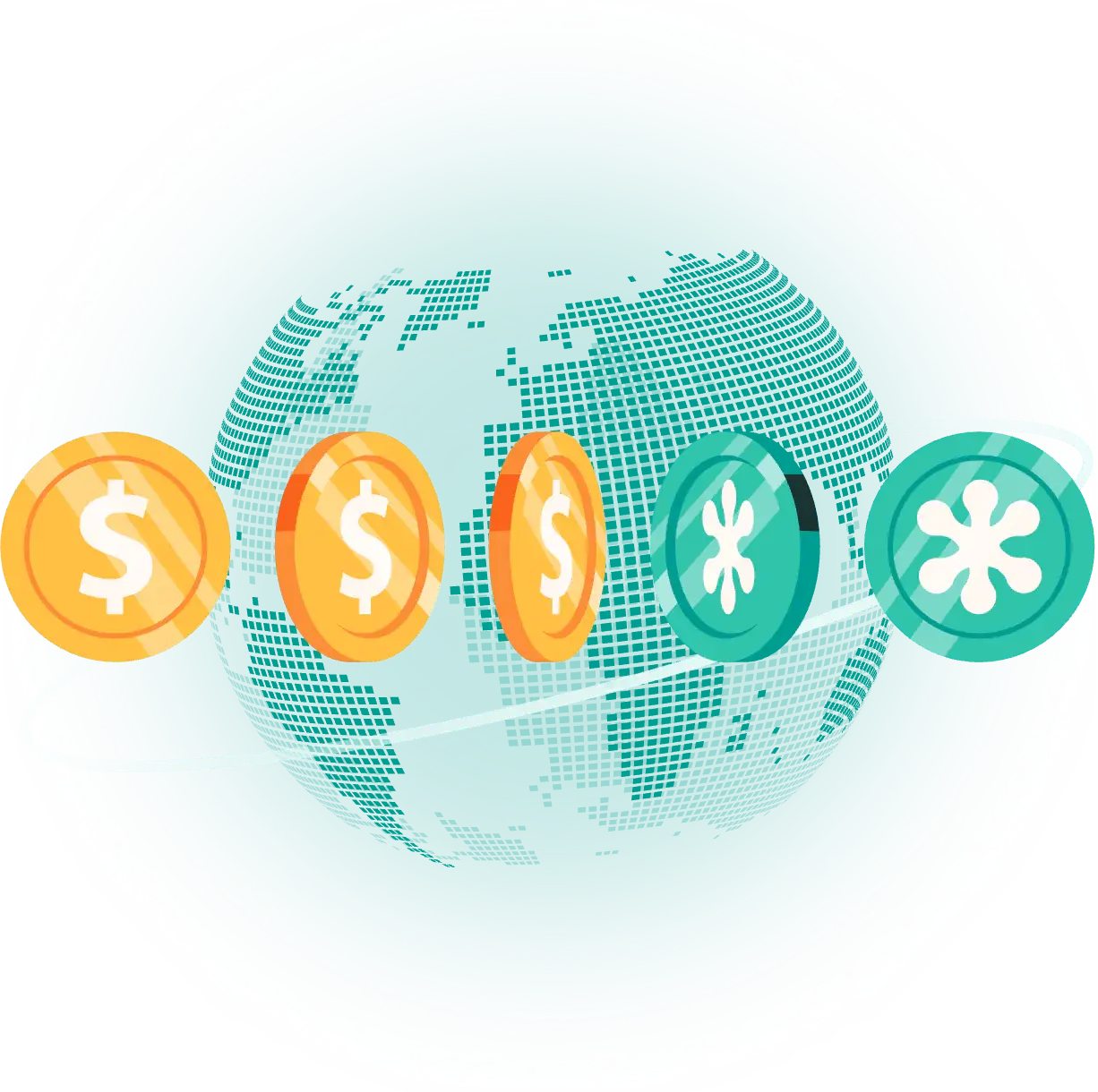 Dollar and Estable coins orbiting a digital globe