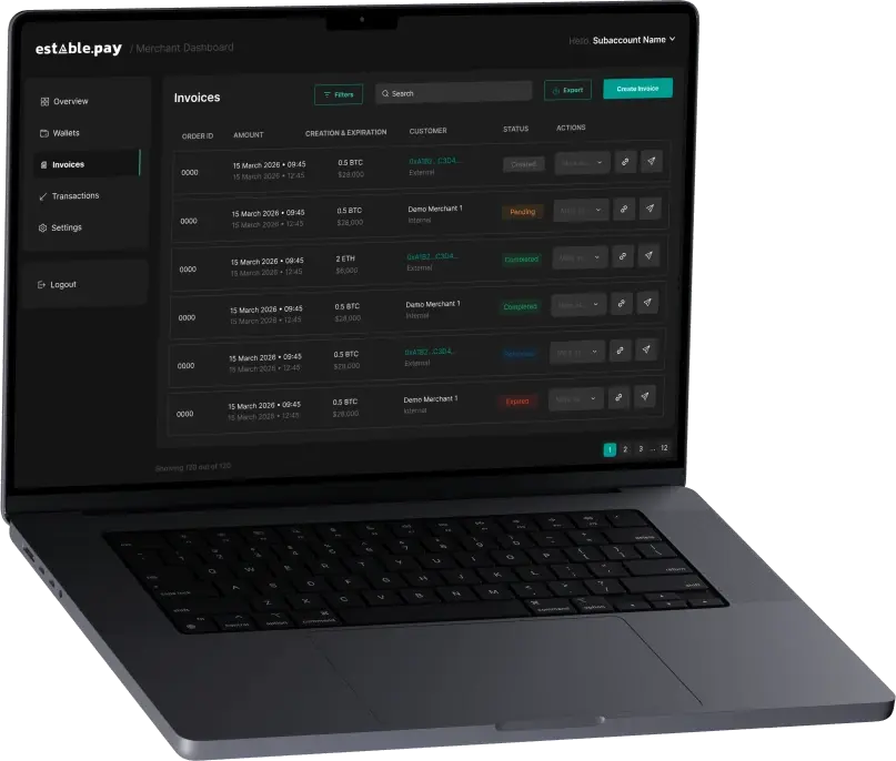 Estable Pay merchant dashboard on a laptop