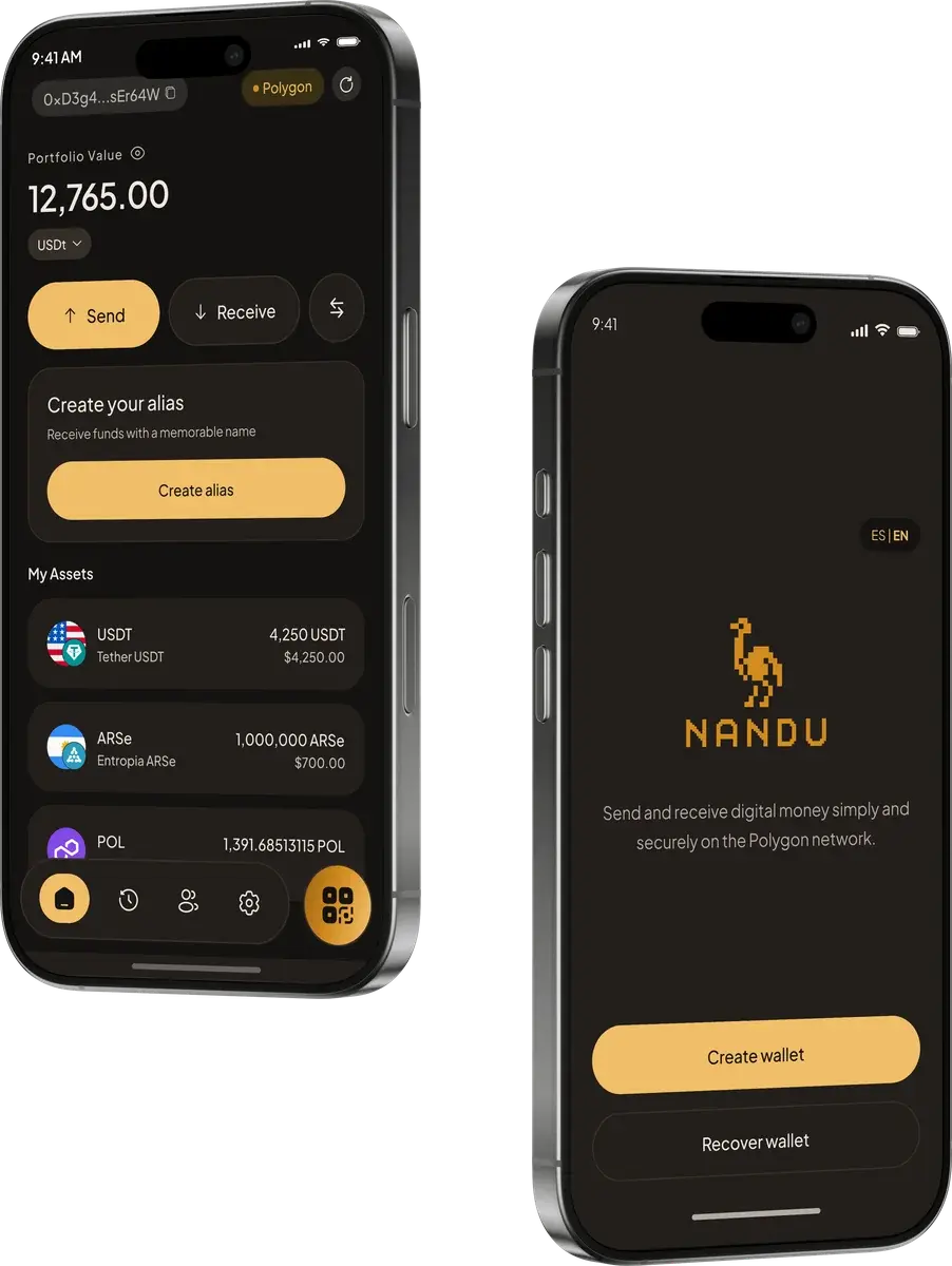 Nandu app wallet balance and onboarding screens on two phones