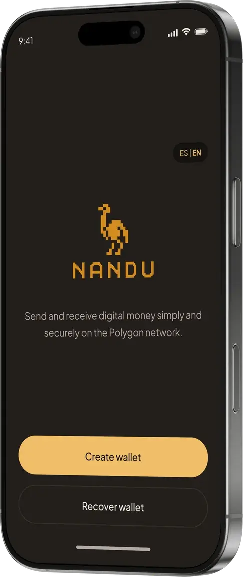 Nandu app welcome screen with create and recover wallet buttons