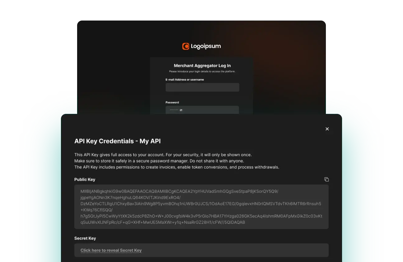 Merchant log in and API key credentials screens