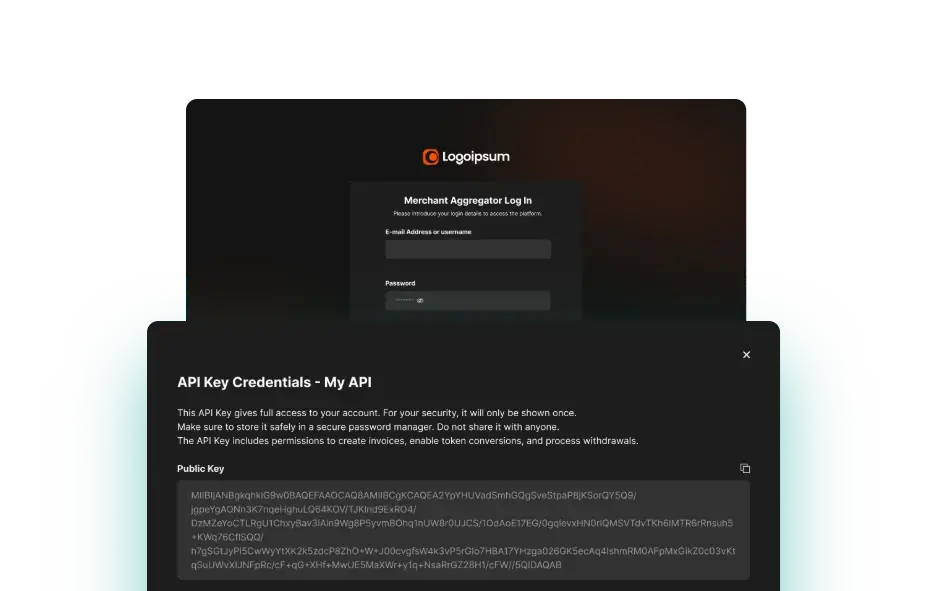 Merchant log in and API key credentials screens