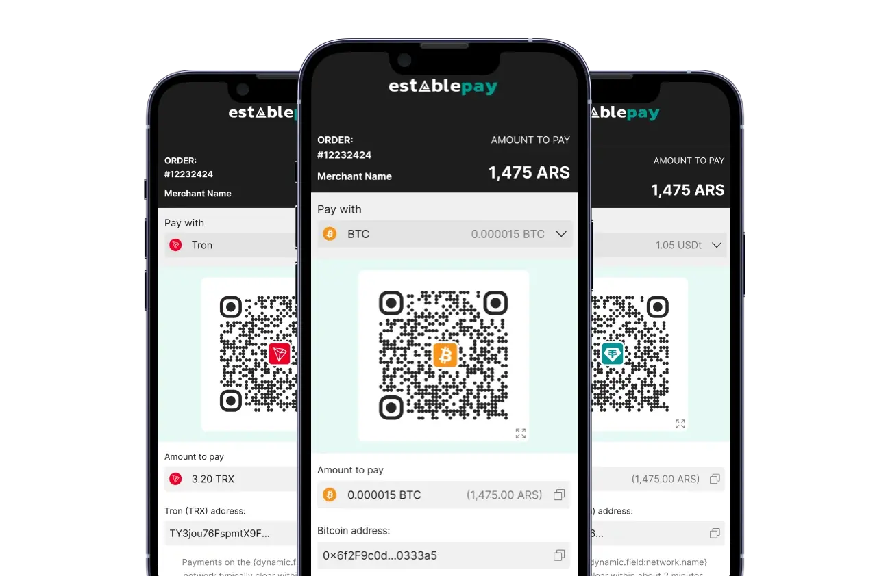 Payment screens for Tron, Bitcoin and Tether